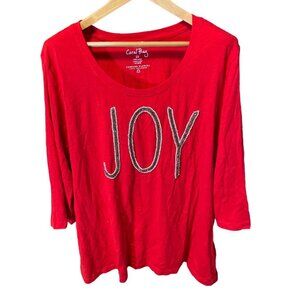 Coral Bay Red Beaded Joy Holiday 3/4 Sleeve T Shirt Sz 2X